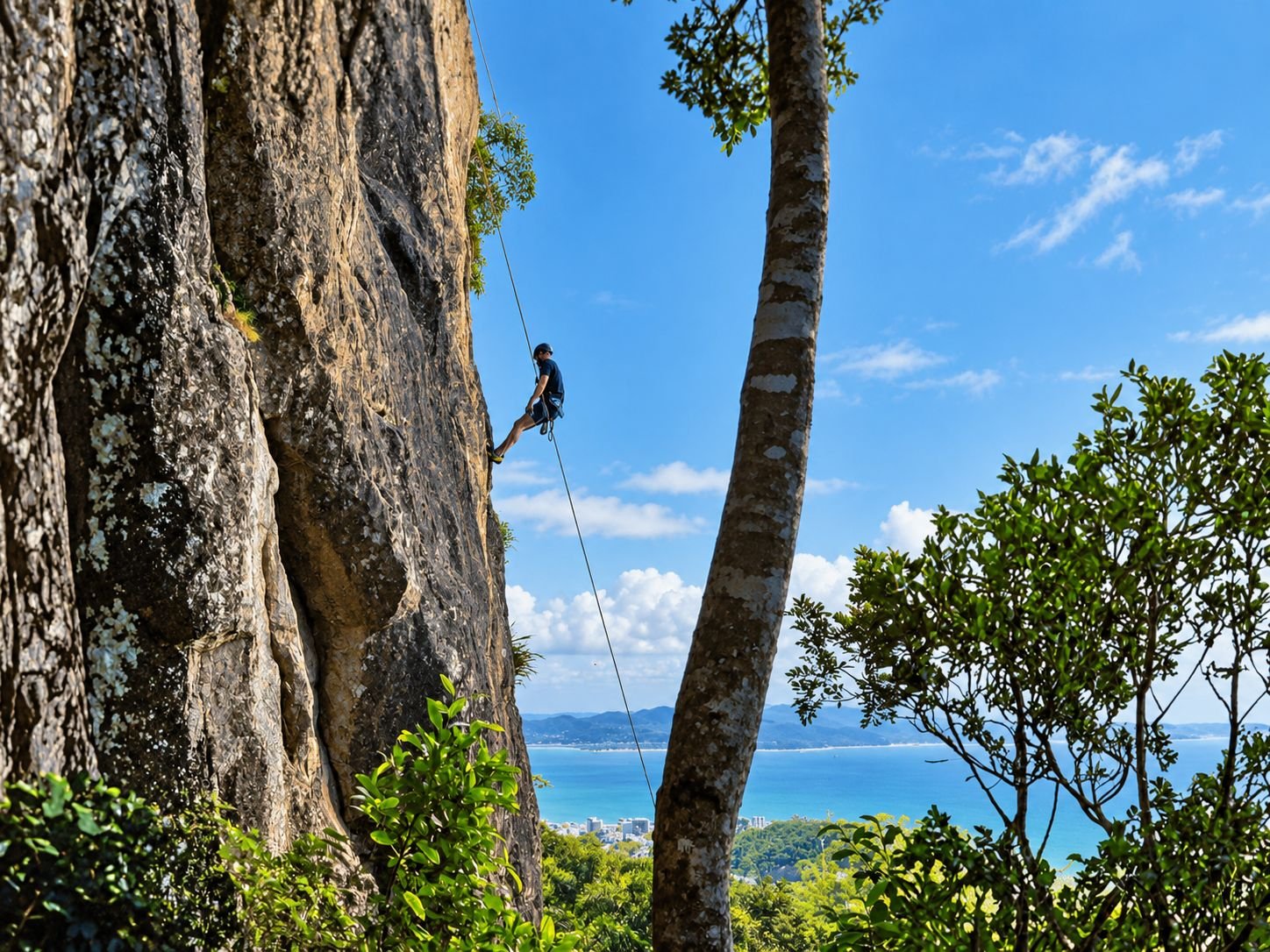 A climber on a rope on a rock face above the trees